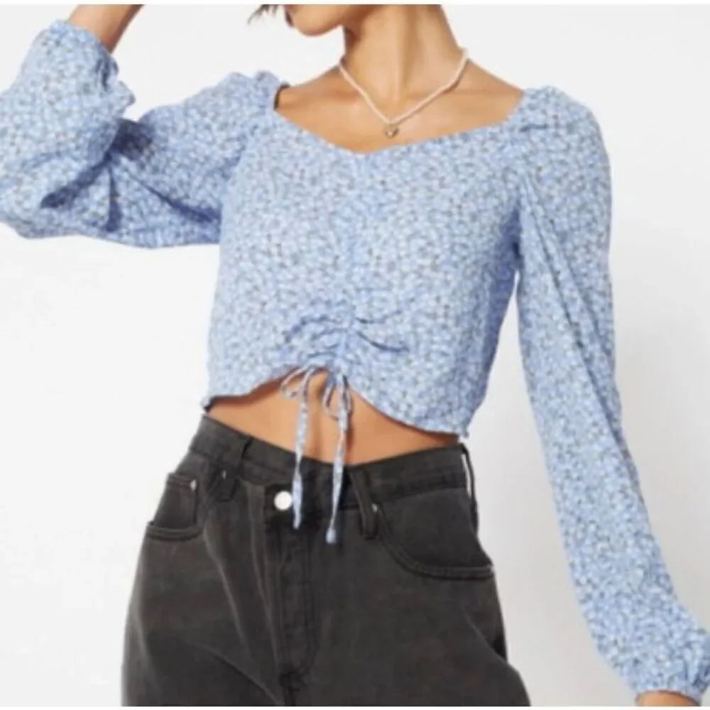 NWOT almost famous blue and white floral Smocked Tie front crop top S/M